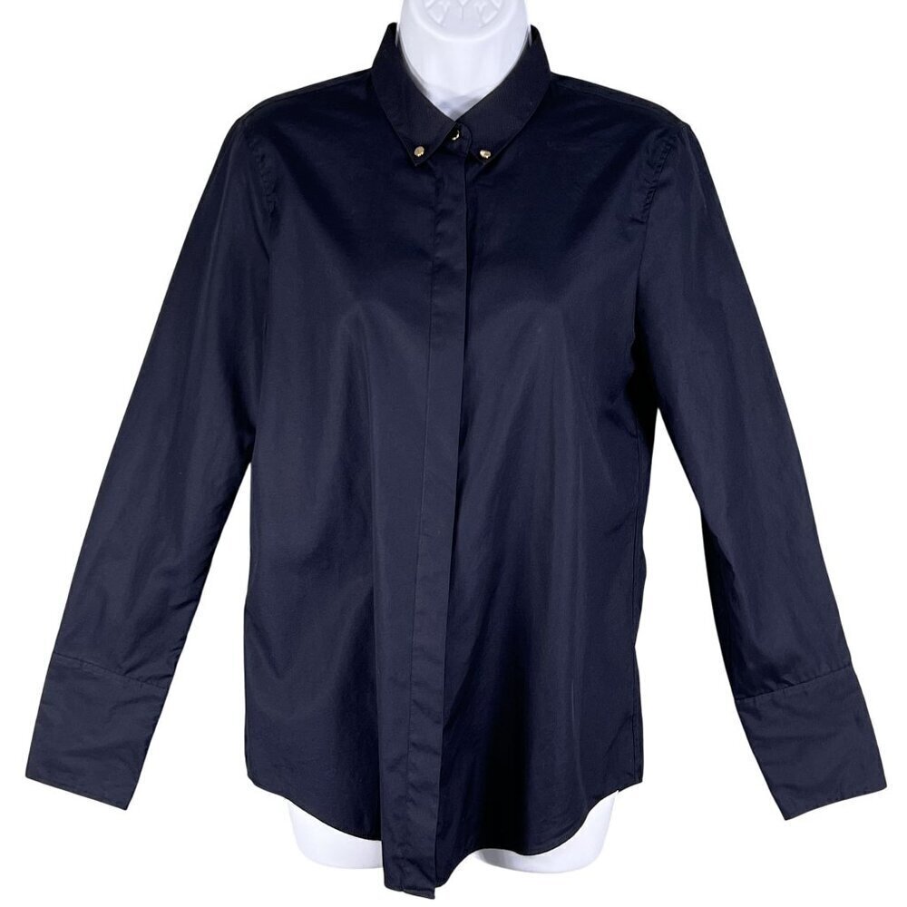 J Crew Womens S New Blue Blouse Long Sleeve Shirt Gold Stud Collar Career Preppy